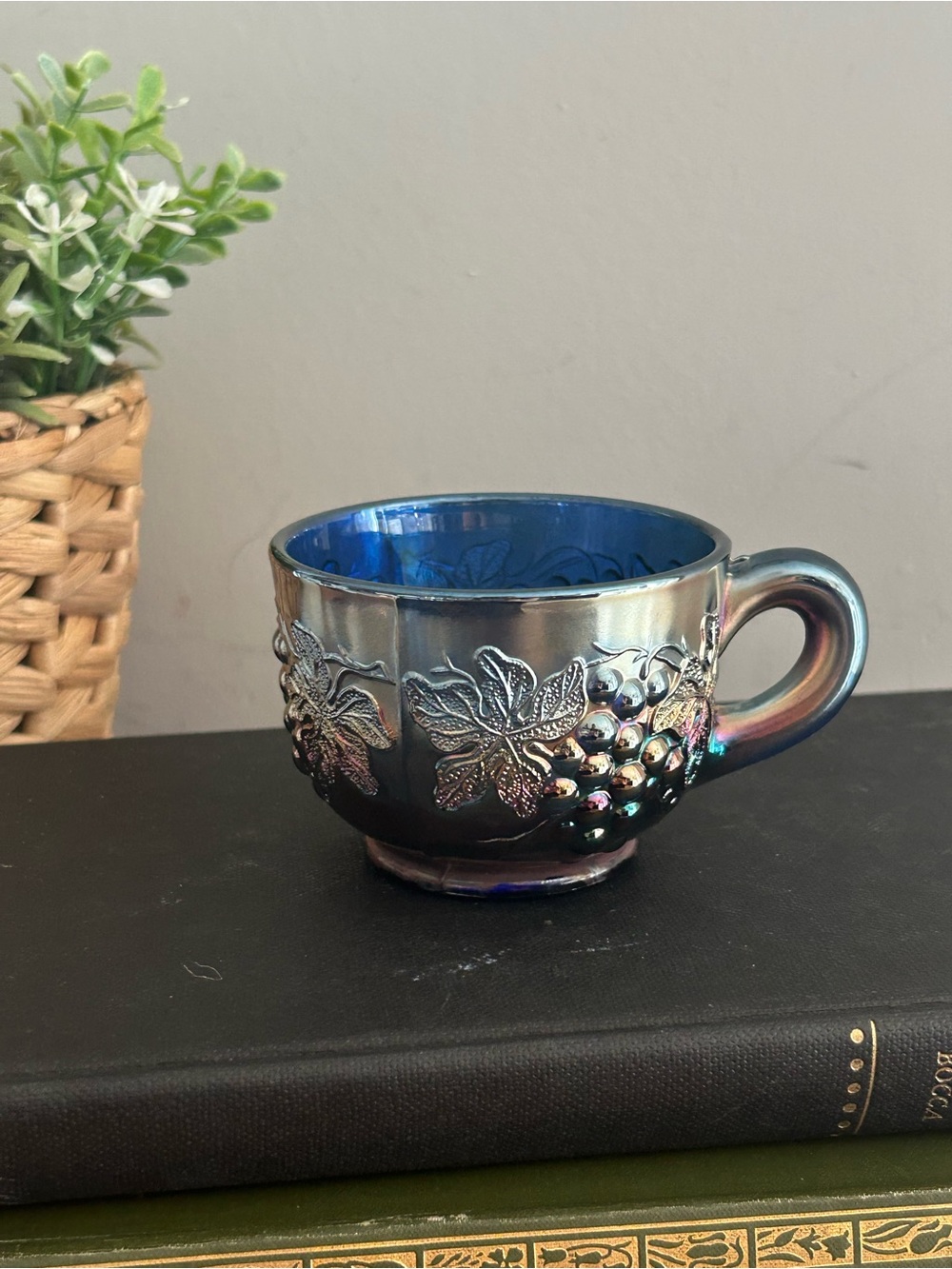 Iridescent Blue amethyst Northwoood Carnival Glass Grape & Leaf Punch Cup